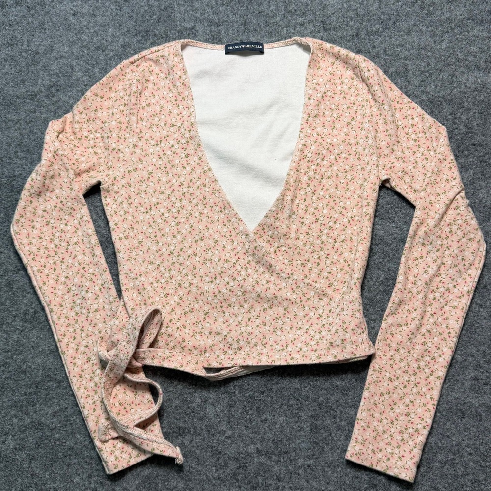 BRANDY MELVILLE Pink Floral Wrap Long Sleeve Top Flower Ribbed Cotton Shirt